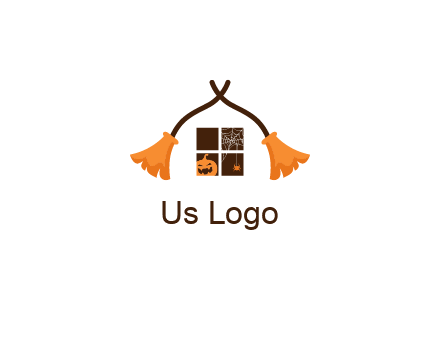 crossed broomsticks on window with pumpkin and spider Logo