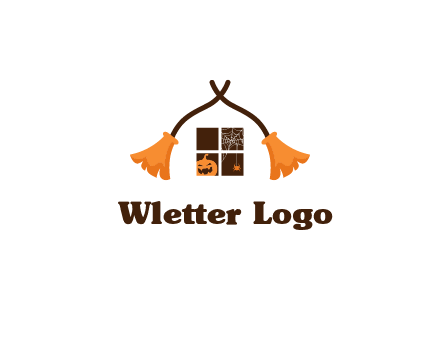 crossed broomsticks on window with pumpkin and spider Logo