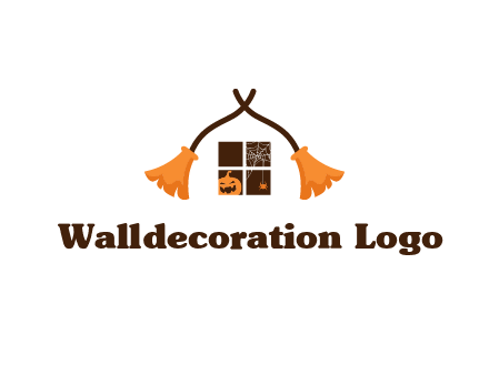 crossed broomsticks on window with pumpkin and spider Logo