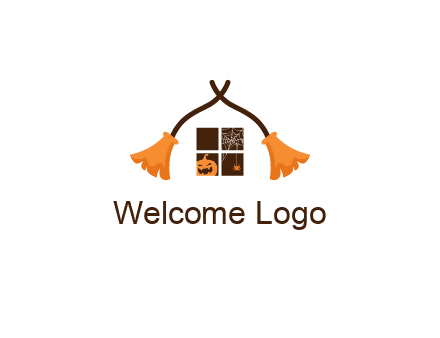 crossed broomsticks on window with pumpkin and spider Logo