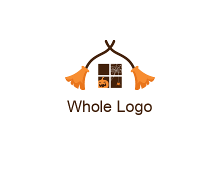 crossed broomsticks on window with pumpkin and spider Logo
