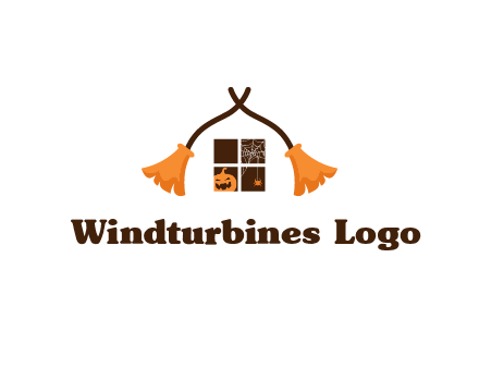 crossed broomsticks on window with pumpkin and spider Logo