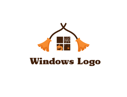 crossed broomsticks on window with pumpkin and spider Logo