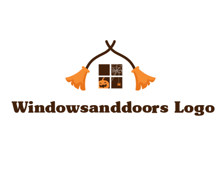 crossed broomsticks on window with pumpkin and spider Logo