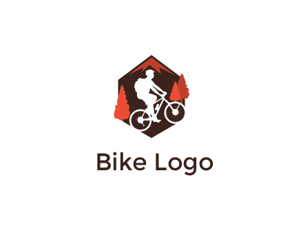 hexagonal mountain biking logo with fir trees