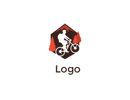 hexagonal mountain biking logo with fir trees