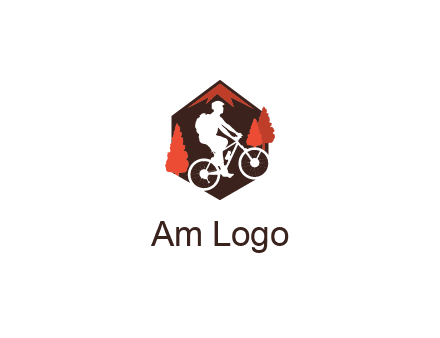 hexagonal mountain biking logo with fir trees