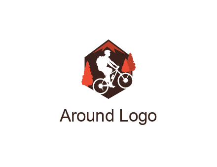 hexagonal mountain biking logo with fir trees