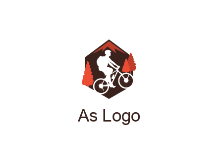 hexagonal mountain biking logo with fir trees