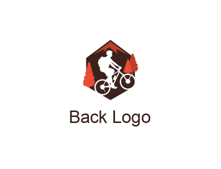 hexagonal mountain biking logo with fir trees