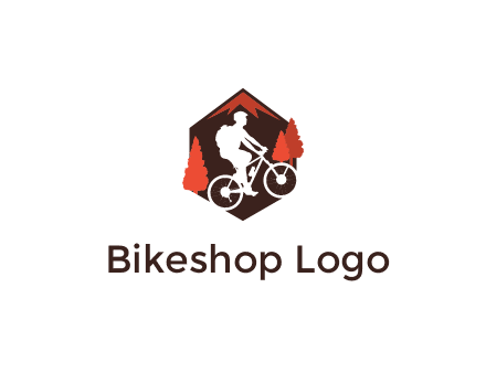 hexagonal mountain biking logo with fir trees