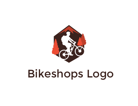 hexagonal mountain biking logo with fir trees