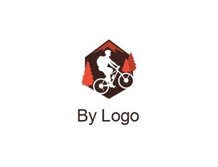 hexagonal mountain biking logo with fir trees