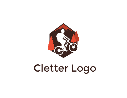 hexagonal mountain biking logo with fir trees