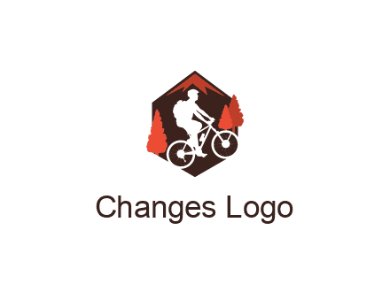 hexagonal mountain biking logo with fir trees