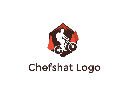hexagonal mountain biking logo with fir trees