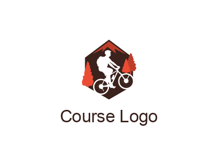 hexagonal mountain biking logo with fir trees