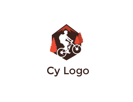 hexagonal mountain biking logo with fir trees