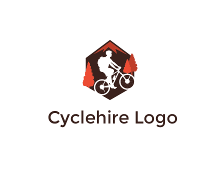 hexagonal mountain biking logo with fir trees