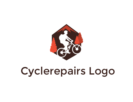 hexagonal mountain biking logo with fir trees