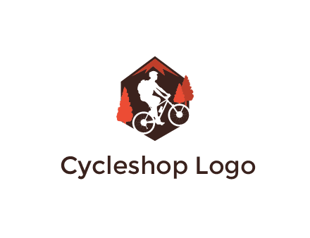 hexagonal mountain biking logo with fir trees