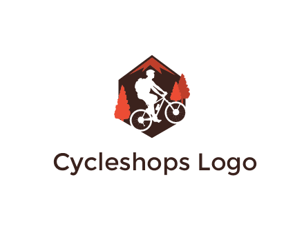 hexagonal mountain biking logo with fir trees