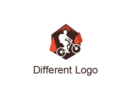 hexagonal mountain biking logo with fir trees