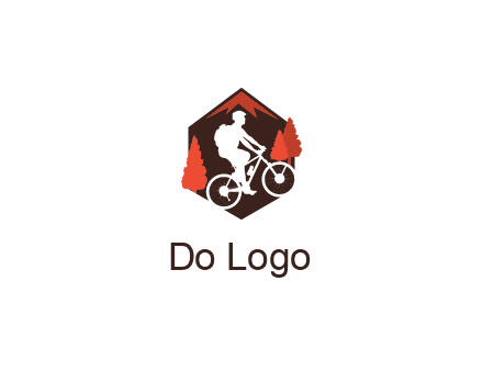 hexagonal mountain biking logo with fir trees