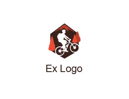 hexagonal mountain biking logo with fir trees