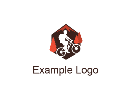 hexagonal mountain biking logo with fir trees