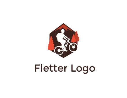 hexagonal mountain biking logo with fir trees