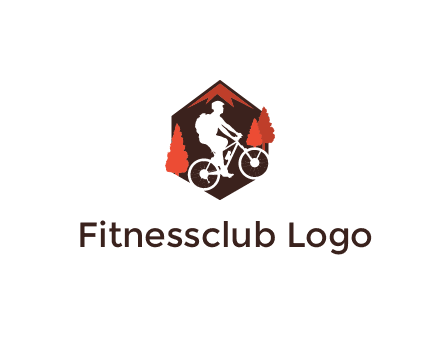 hexagonal mountain biking logo with fir trees