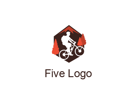 hexagonal mountain biking logo with fir trees