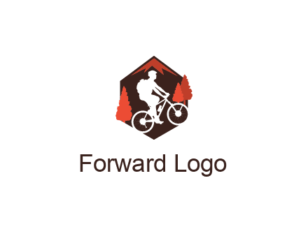 hexagonal mountain biking logo with fir trees