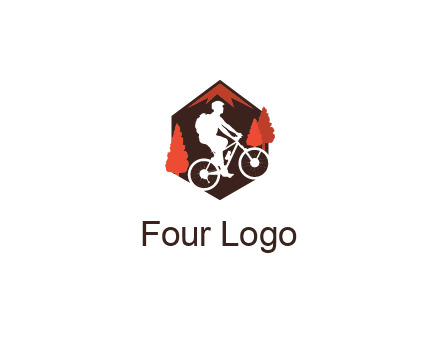 hexagonal mountain biking logo with fir trees