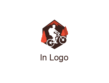 hexagonal mountain biking logo with fir trees