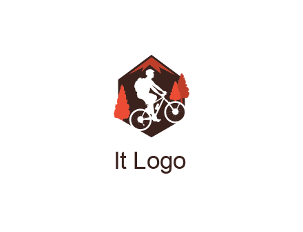 hexagonal mountain biking logo with fir trees