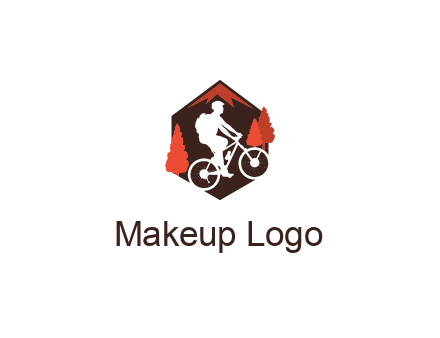 hexagonal mountain biking logo with fir trees