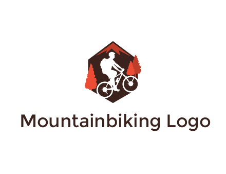 hexagonal mountain biking logo with fir trees