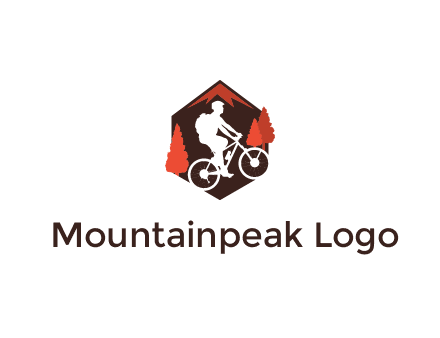 hexagonal mountain biking logo with fir trees