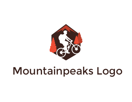 hexagonal mountain biking logo with fir trees