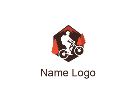 hexagonal mountain biking logo with fir trees