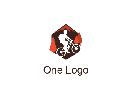 hexagonal mountain biking logo with fir trees