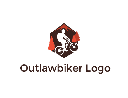 hexagonal mountain biking logo with fir trees