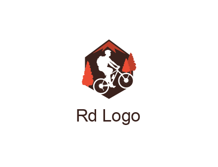 hexagonal mountain biking logo with fir trees