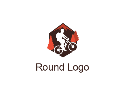 hexagonal mountain biking logo with fir trees