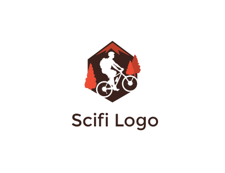 hexagonal mountain biking logo with fir trees