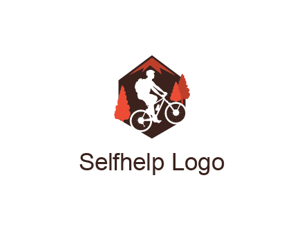 hexagonal mountain biking logo with fir trees