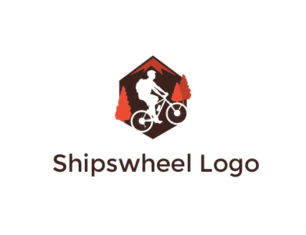 hexagonal mountain biking logo with fir trees