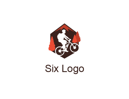 hexagonal mountain biking logo with fir trees